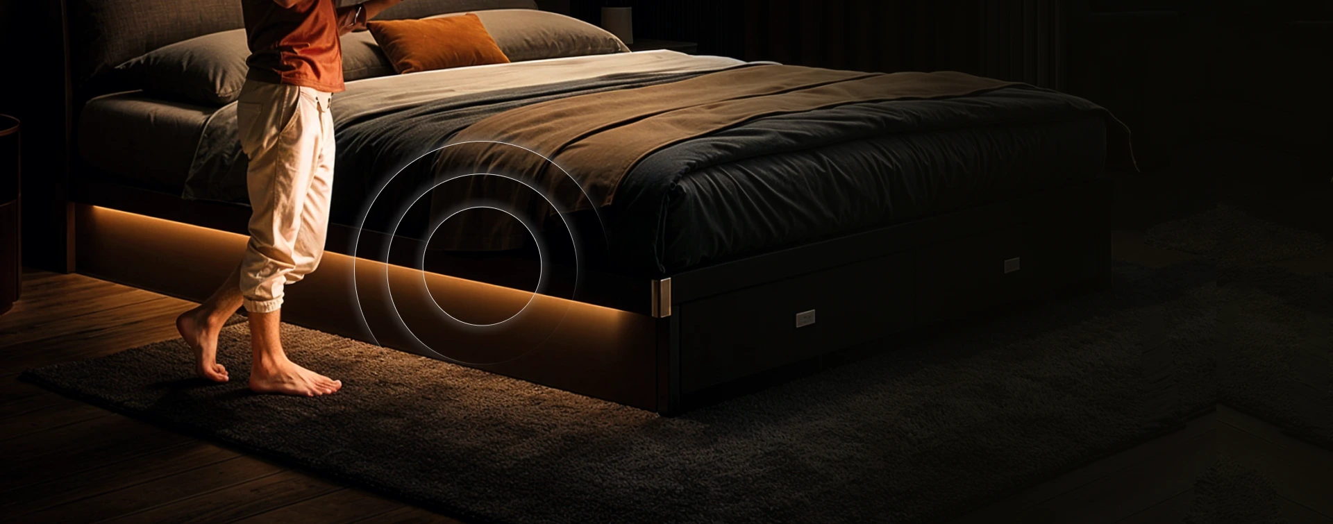 Underbed lighting with motion sensor for hands-free illumination.